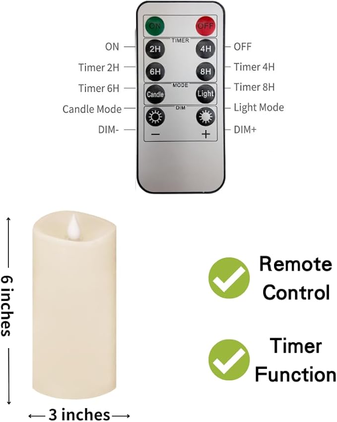 3x6 Flickering Flameless Candles Set of 1,6 inch Real Wax LED 600 Hours Battery Candles with Timer Remote,Control for Wedding Party Indoor,Ivory