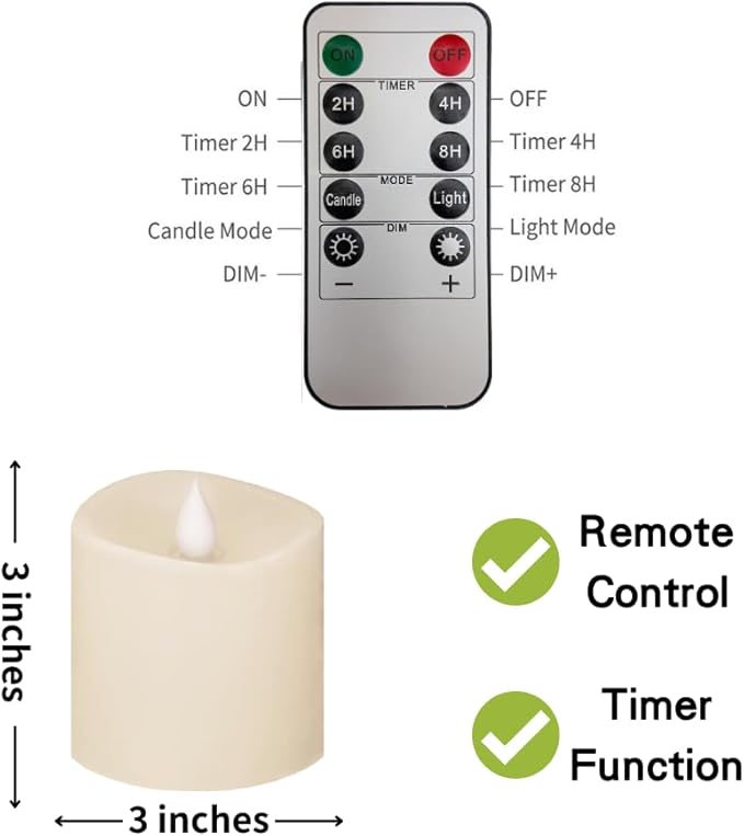 3x3 Flickering Flameless Candles Set of 1,3 inch Real Wax LED 600 Hours Battery Candles with Timer Remote,Control for Wedding Party Indoor,Ivory