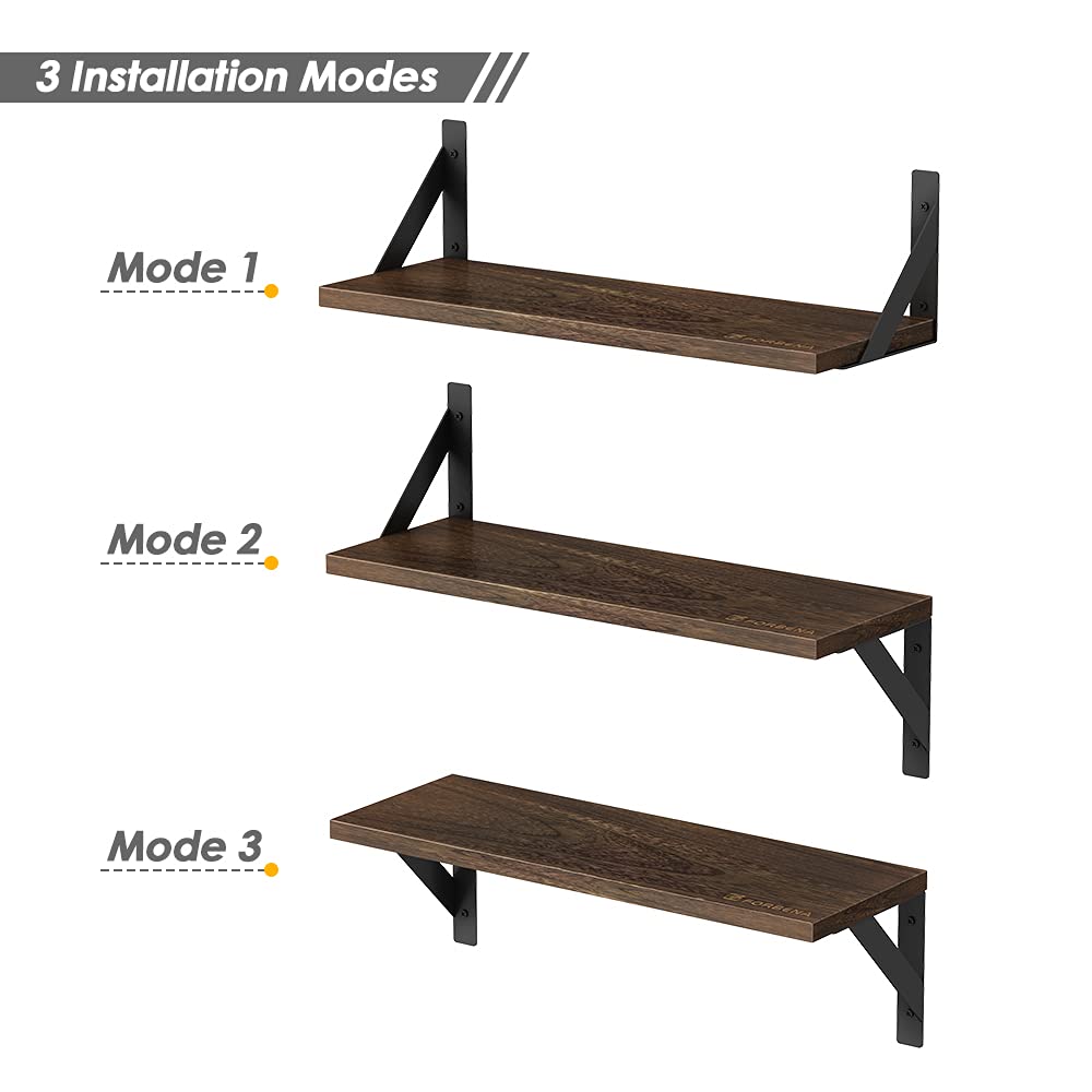 Forbena Rustic Floating Book Shelves for Wall Set of 3, 17 Inch Wood Wall Bookshelf for Bedroom, Wooden Wall Mounted Hanging Shelf for Office Living Room Bathroom Decor Pictures Books (Dark Brown)