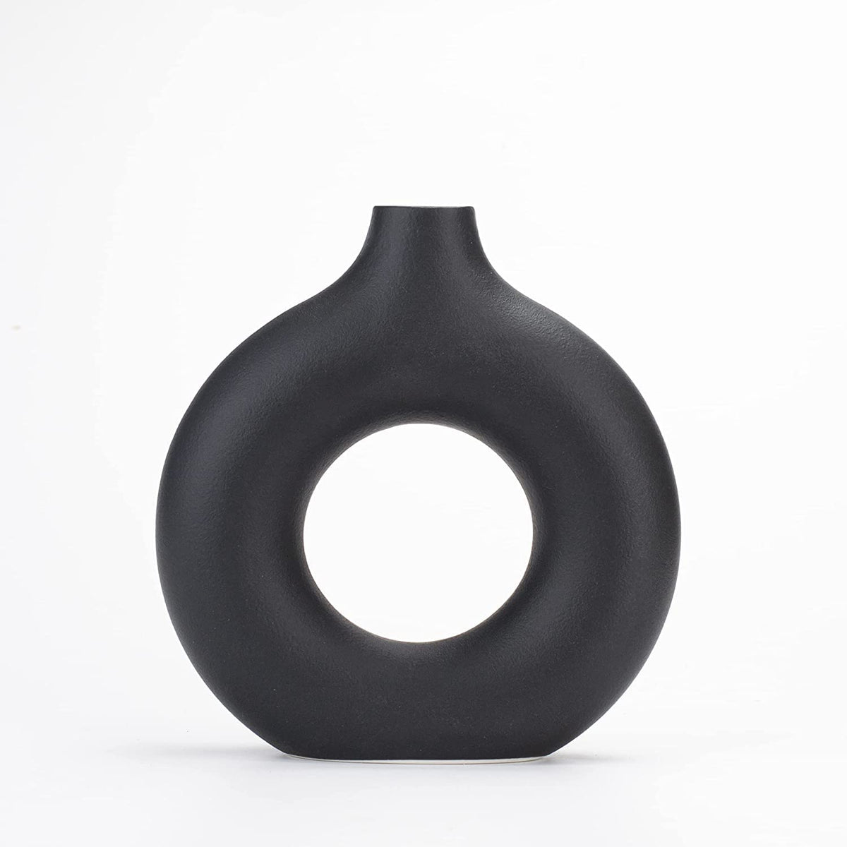CEMABT Black Donut Vase Hollow Ceramic Vase for Flowers Handmade Minimalist Boho ins Style Modern Home Decor for Wedding Dinner Table Party Living Room Office Bedroom(M