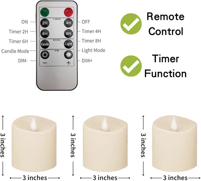 3x3 Flickering Flameless Candles Set of 3,3 inch Real Wax LED 600 Hours Battery Candles with Timer Remote,Control for Wedding Party Indoor,Ivory