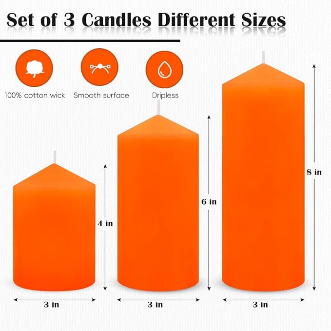 3 Set Different Sizes Orange Colored Pillar Candles, Dripless Unscented 3x4 3x6 3x8 Inch Fall Cylinder Column Wax Candles for Thanksgiving Day Autumn Harvest Home Table Decor Power Outage Emergency