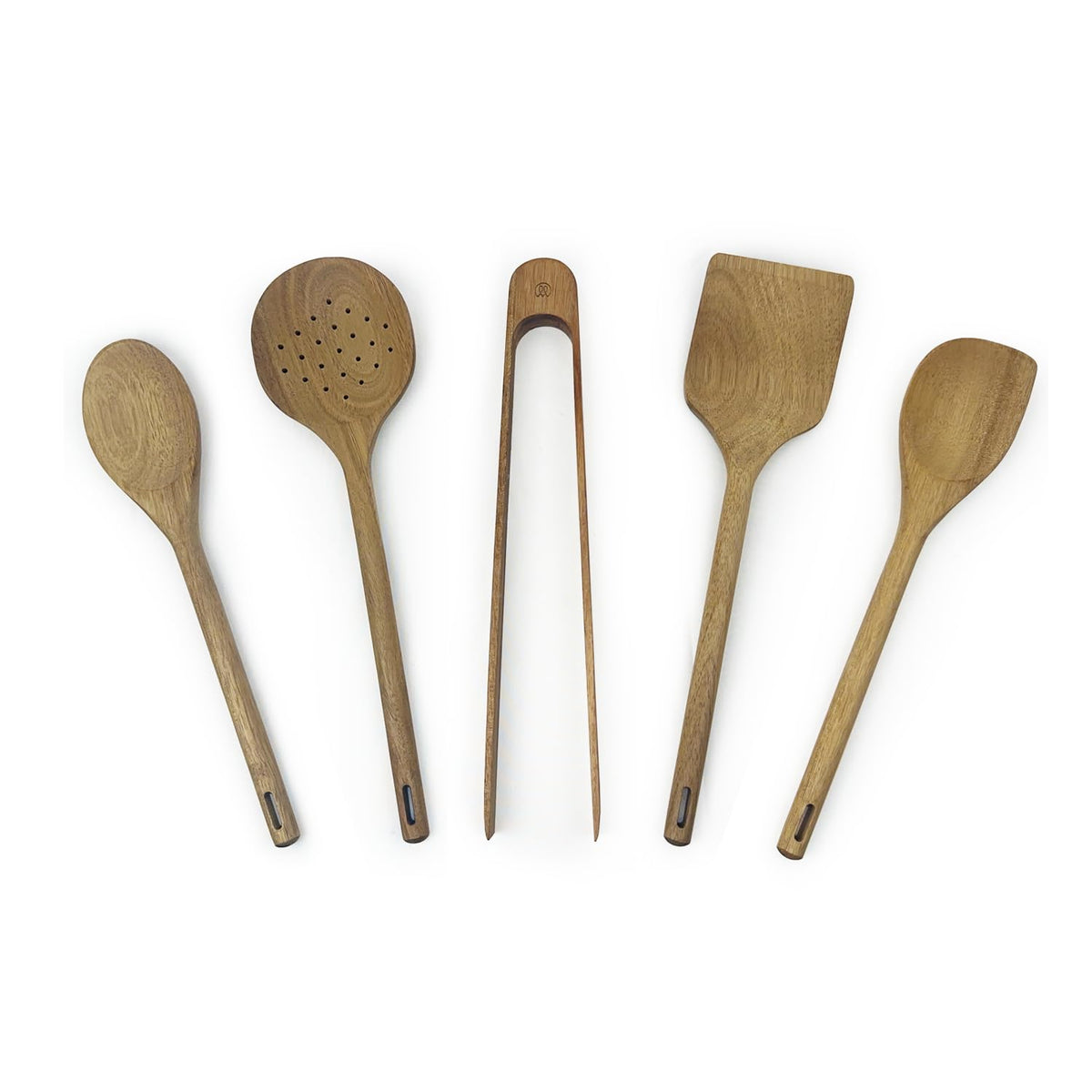Mitus Non-Toxic Wooden Cooking Utensils - 5 Pcs Natural Acacia Hardwood Set for Nonstick Pans & Cookware - Kitchen Gift Set (Wooden Spoons, Skimmer, Tongs, Spatula)