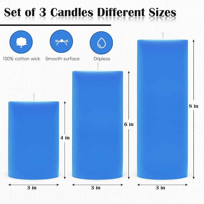 3 Packs Unscented Different Size Light Blue Pillar Candles, Dripless 3x4 3x6 3x8 Inch Assorted Height Colored Cylinder Column Wax Candles for Home Table Decor Power Outage Emergency