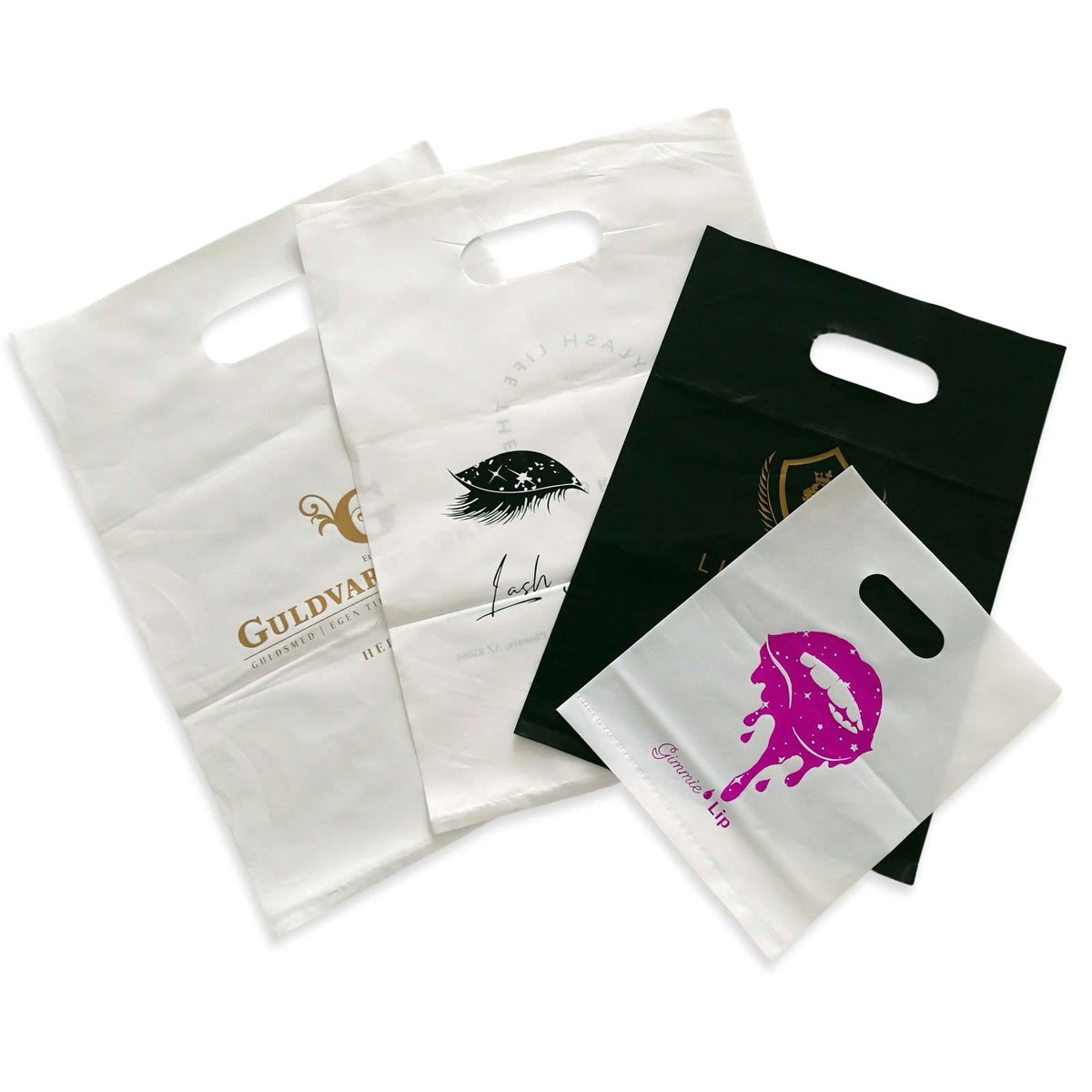 100 SALIFECO Custom Plastic Bags with Logo, 2.36Mil Personalized Shopping Bags with Die Cut Handles, Glossy Gift Bags for Small Business, Boutique, Retail, Trade Shows, Events, Parties (6x8In)