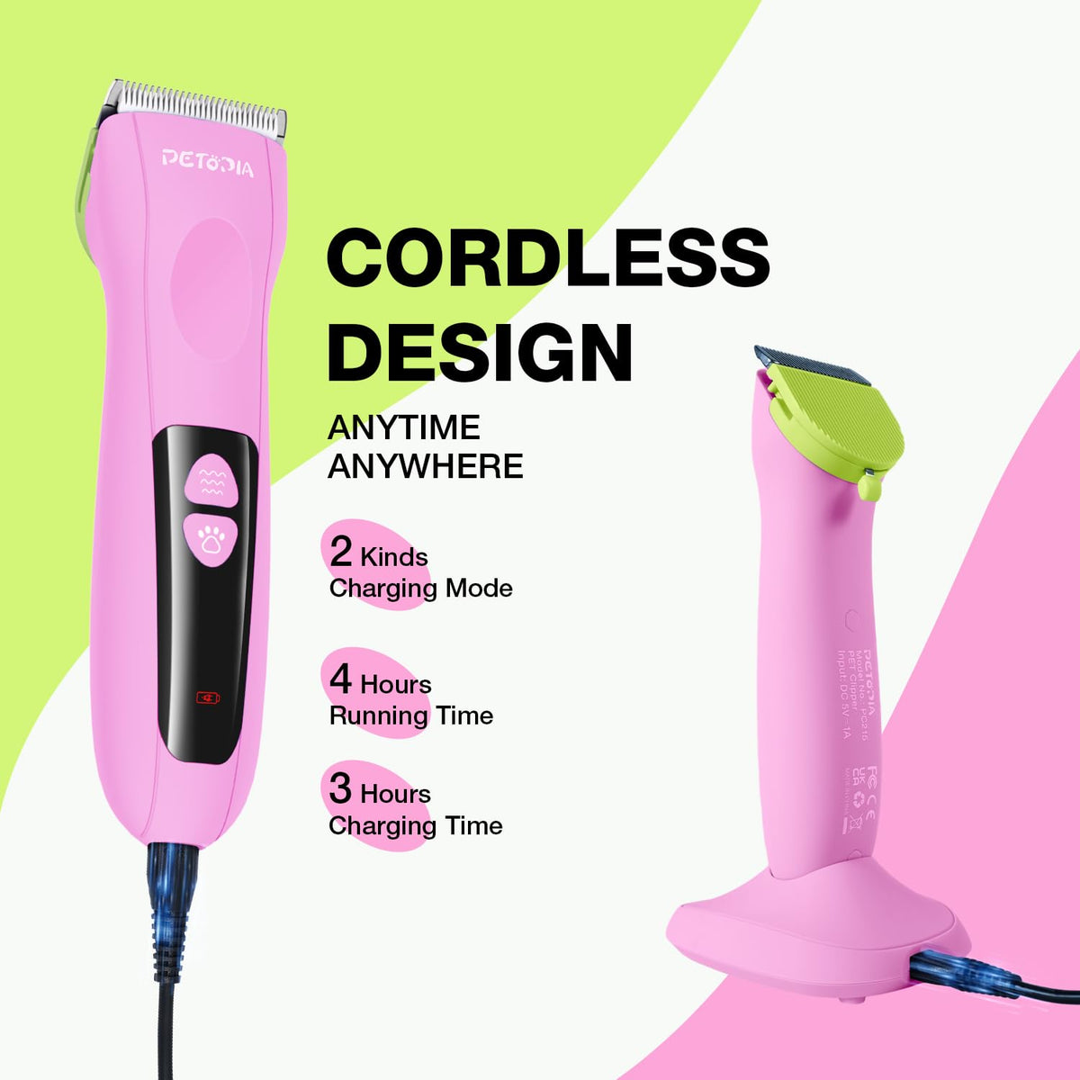 Petopia Dog Clippers for Grooming - Low Noise Electric Dog Trimmer Cordless Rechargeable Dog Hair Clippers, 3-Speed & LCD Dog Grooming Kit for Dogs Cats Pets (Pink)