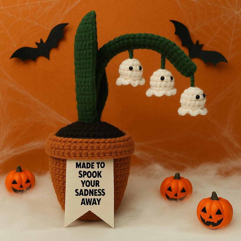 Acecare Halloween Crochet Ghost Lily of The Valley in Pot | Handmade Amigurumi Creepy Plant Decoration | Spooky Table Ornament, Trick or Treat Gift with Pumpkin Commemorative Coin