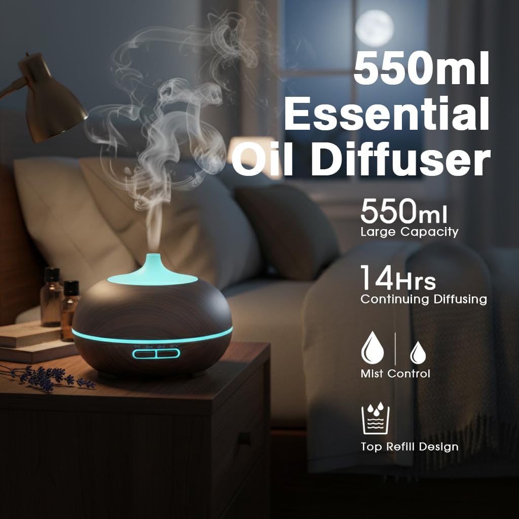550ml Large Capacity Essential Oil Diffuser with 6 Essential Oil Set, Aromatherapy Ultrasonic Air Humidifier with Timer Setting, 7 Color LED Night Light and Waterless Auto-Off Functions for Home, Spa