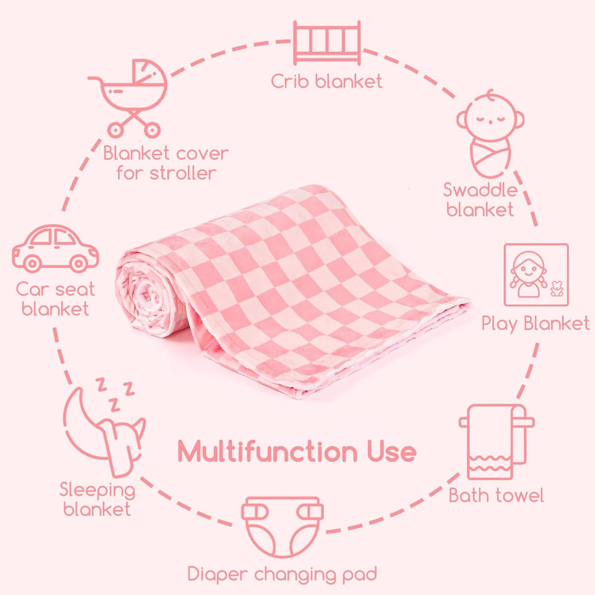Skiennix Baby Blanket - Double Layer Toddler Blanket with Dotted Backing | Pink Checkered, 30x40 Inches
