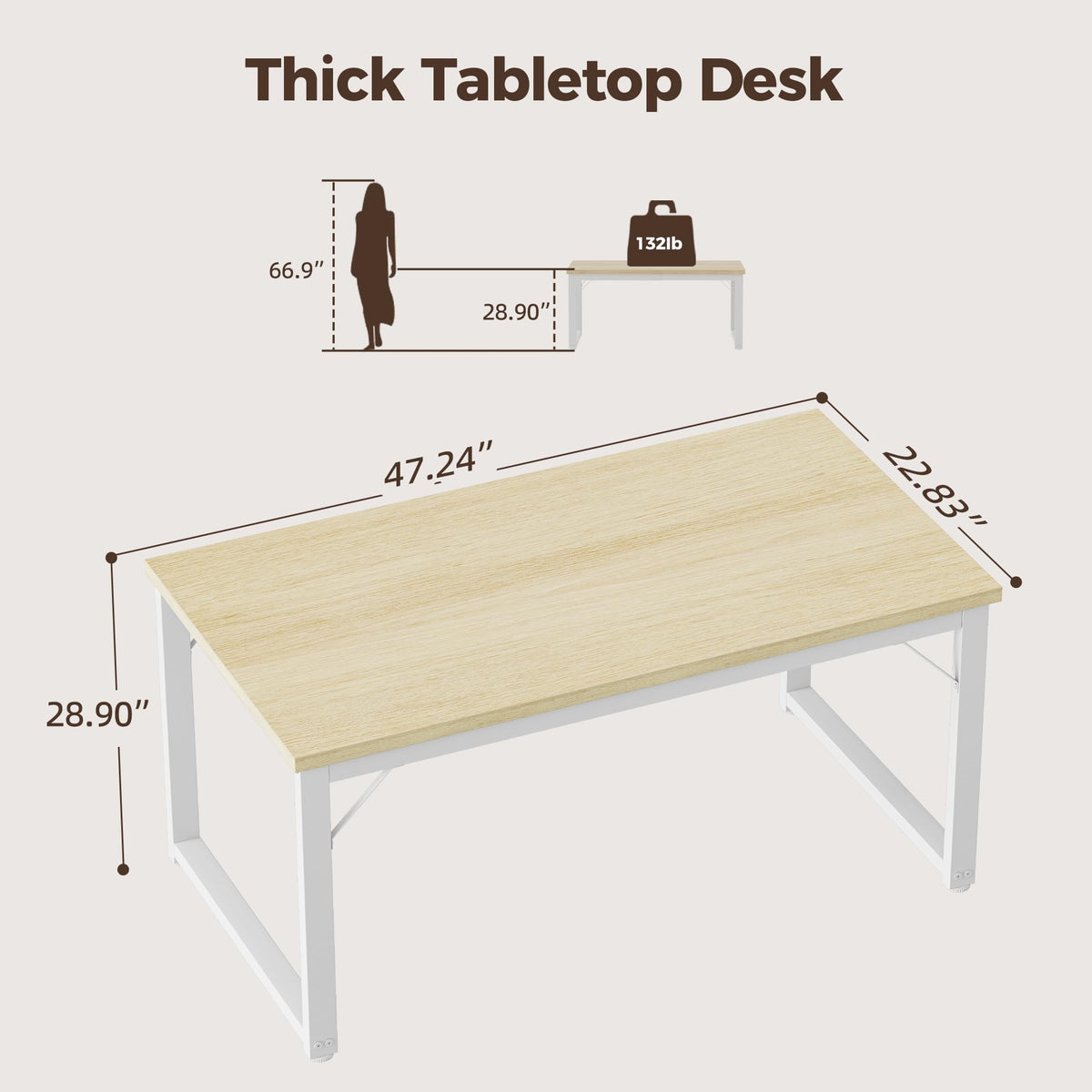 Mericonia 48 Inch Computer Desk, 1" Thick Heavy Duty Industrial Office Desk, Modern Simple Study Writing Table for Home Office Bedroom Workstation, Oak