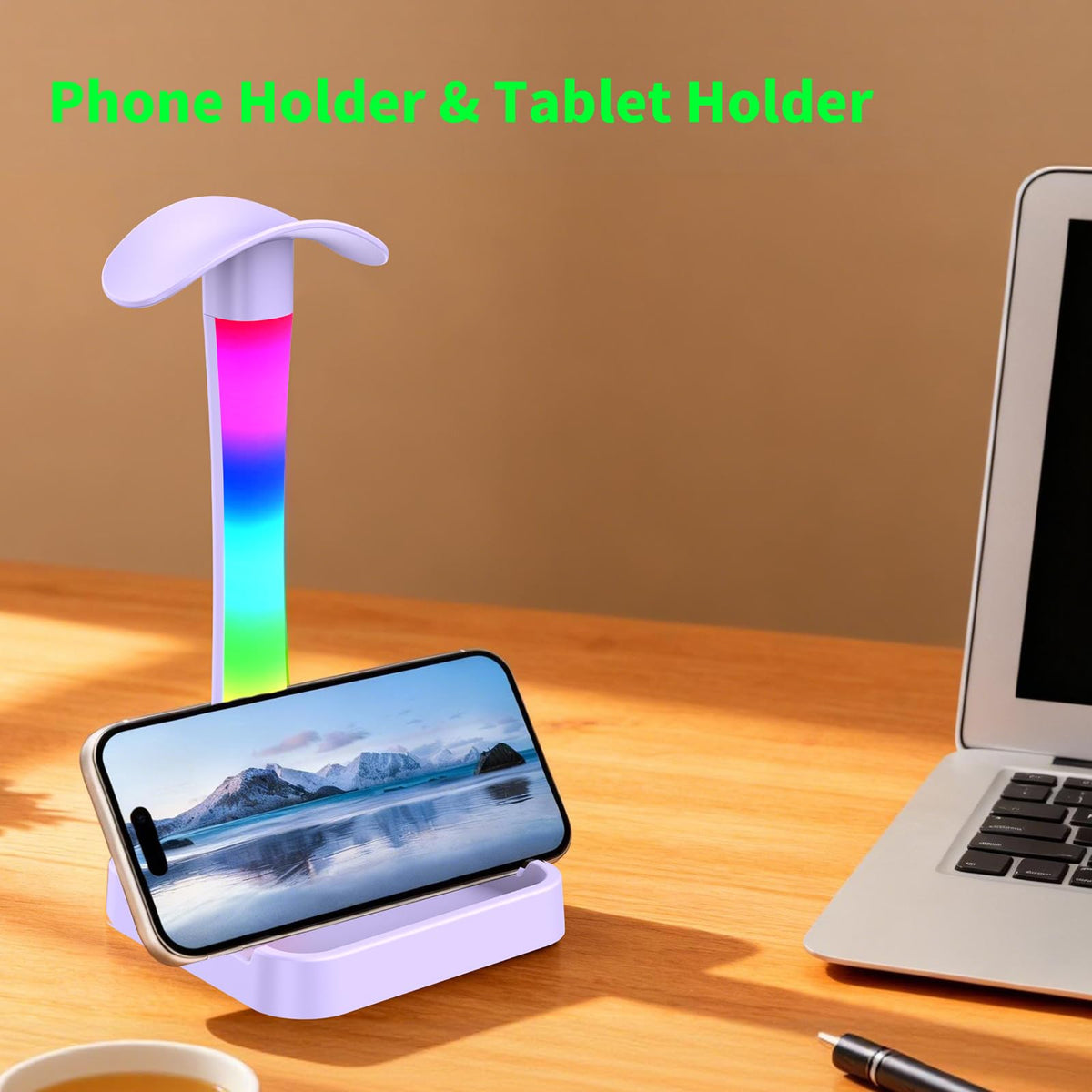 Tascaquin Headphone Stand with Charger,Gaming Headset stand with RGB Light Mode,For Airpod Max Stand,Desk Lamp,Phone Holder,Tablet Holder,desktop organizer,Gifts for Gamers & Music Lover (Purple)