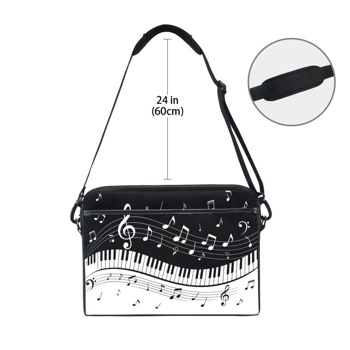 MRMIAN Fashionable Black White Music Note Score 15 inch Laptop Case Shoulder Bag Crossbody Briefcase Messenger Sleeve for Women Men Girls Boys with Shoulder Strap Handle, Back to School Gifts