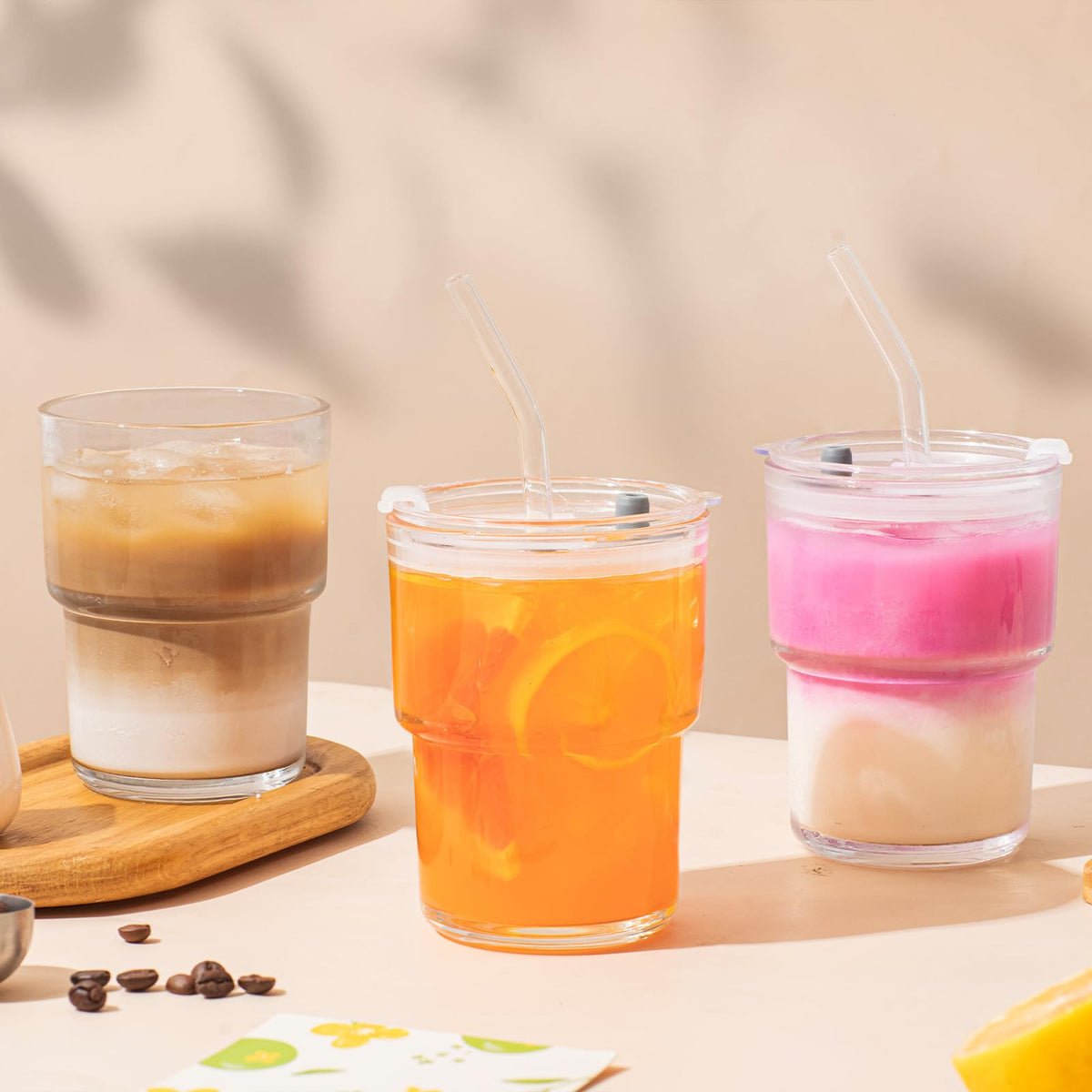 SoulTimes 13oz Glass Tumbler with Lid and Glass Straw Set of 2 – Thick-Walled Iced Coffee Cup, Reusable Clear Glass Cups for Water, Iced Tea, Coffee, Juice, Perfect for On-the-Go & Daily Use