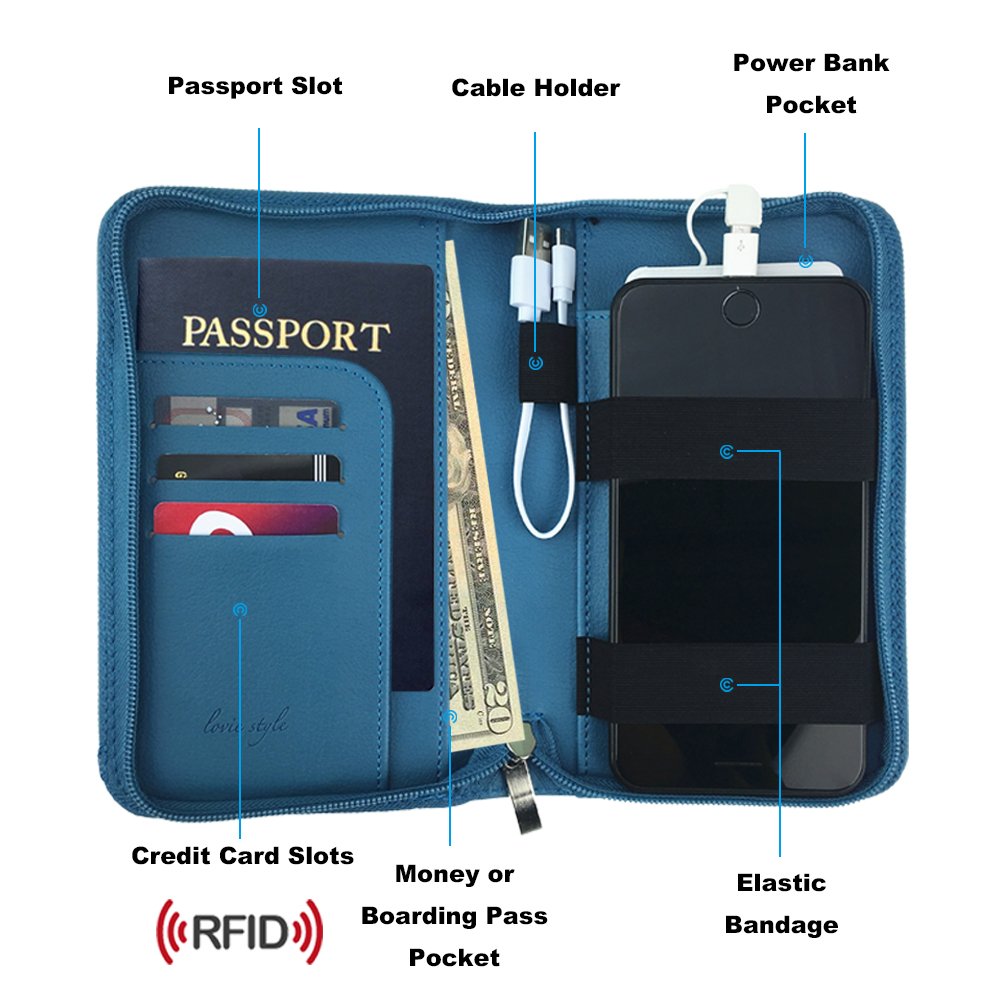 Phone Charging Passport Holder with Removable Fast Charging Power Bank that holds money, cards, phone, travel docs- RFID Blocking - Compatible with All Phones - Travel Accessories (Cerulean)