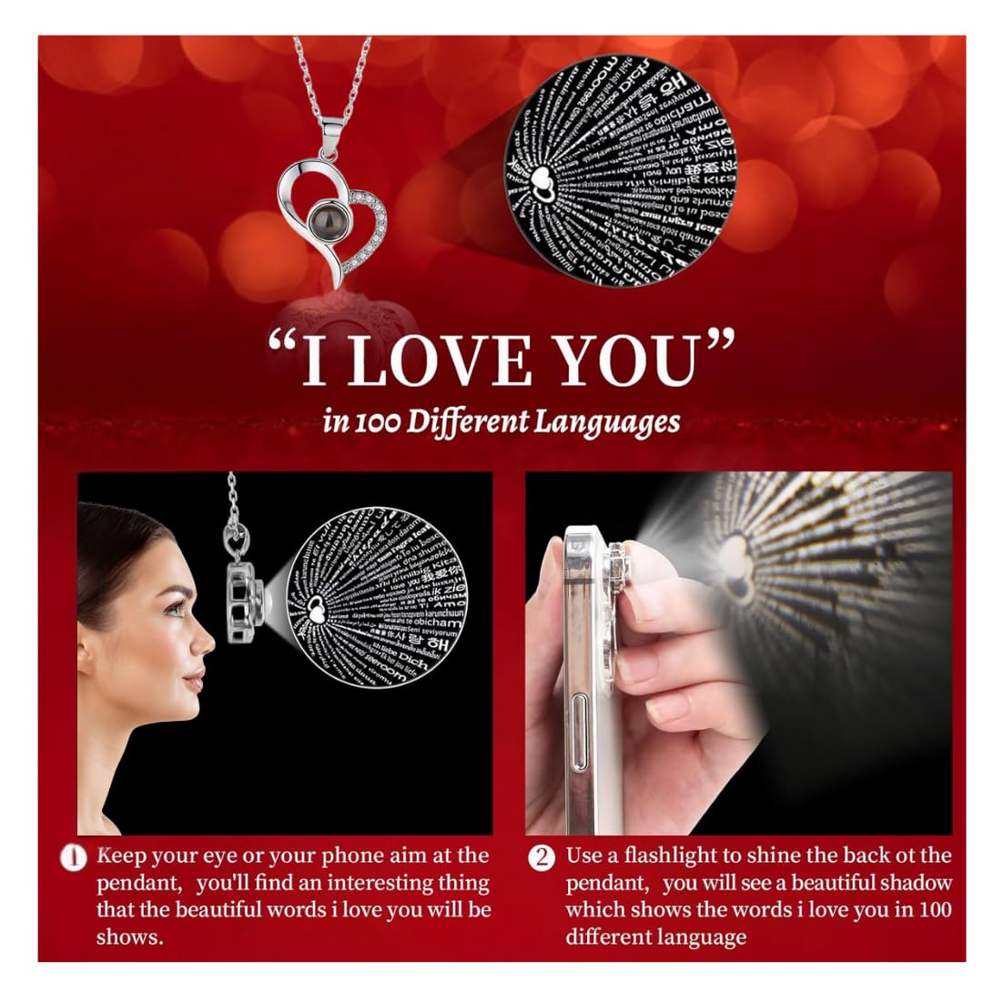 Preserved Real Rose with Heart I Love You Necklaces for Women in 100 Languages - Eternal Red Flowers Gifts for her Romantic Gift Set for Girlfriend Birthday Anniversary on Valentines Mothers Day