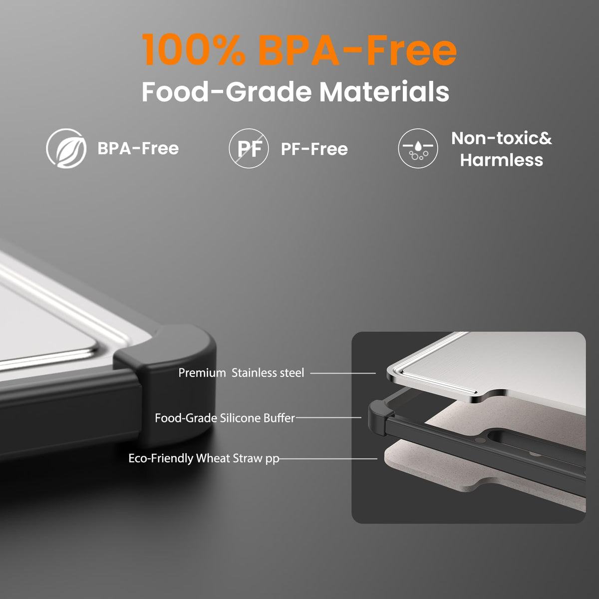 Premium 316 Stainless Steel Cutting Board for Kitchen Extra Large 16.9" x 11.8" Best Non-Toxic Chopping Board for Meat Food-Grade Metal & Eco-Friendly Wheat Straw Dual-Sided Healthy Kitchen Essential