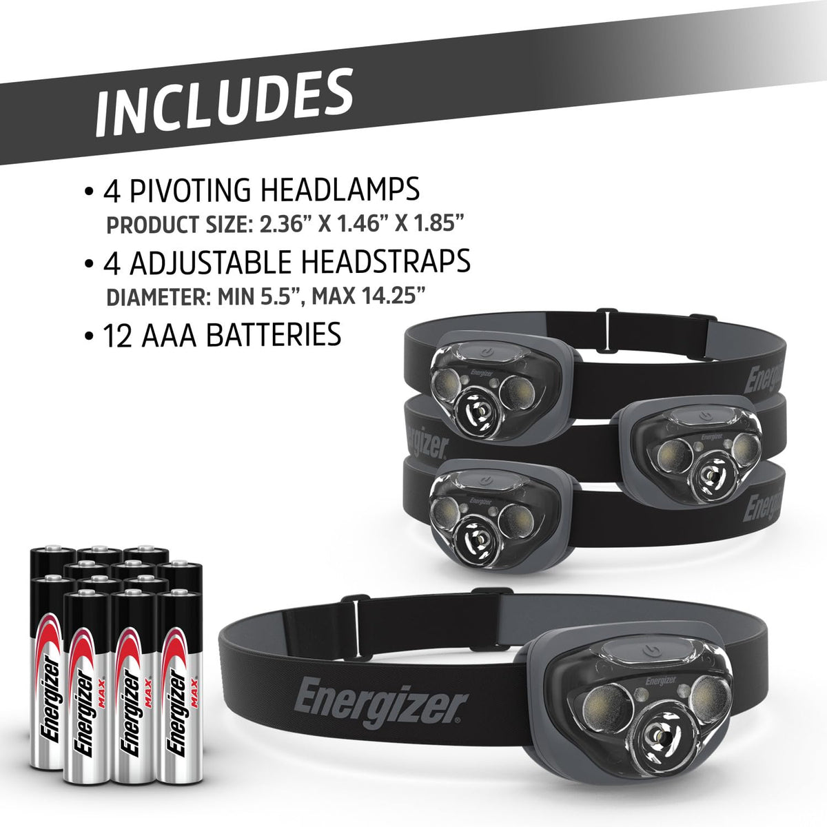 Energizer PRO-260 LED Headlamp (4-Pack), IPX4 Water Resistant Headlamps, High-Performance Head Light for Outdoors, Camping, Running, Storm, Survival LED Light for Emergencies (Batteries Included)