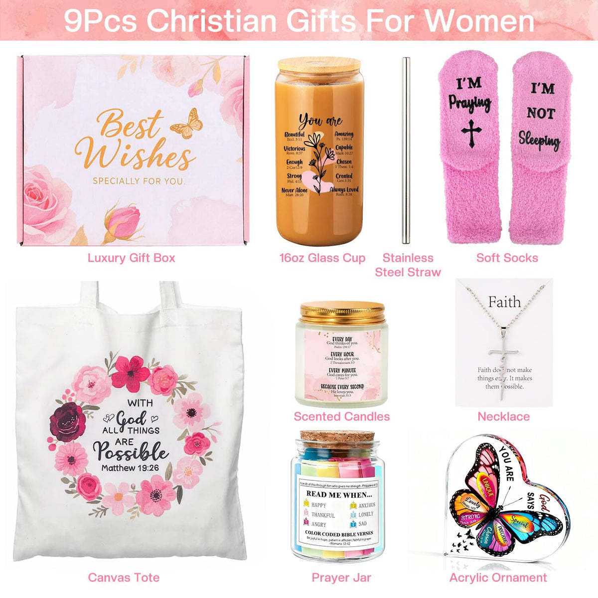 Christian Gifts For Women, Religious Gifts, Christian Mothers Day Gifts For Women Faith, Birthday & Inspirational Spiritual Gifts For Mom, Bestie, Bff, Sister With Tote Bag, Glass Cup, Bible Jar