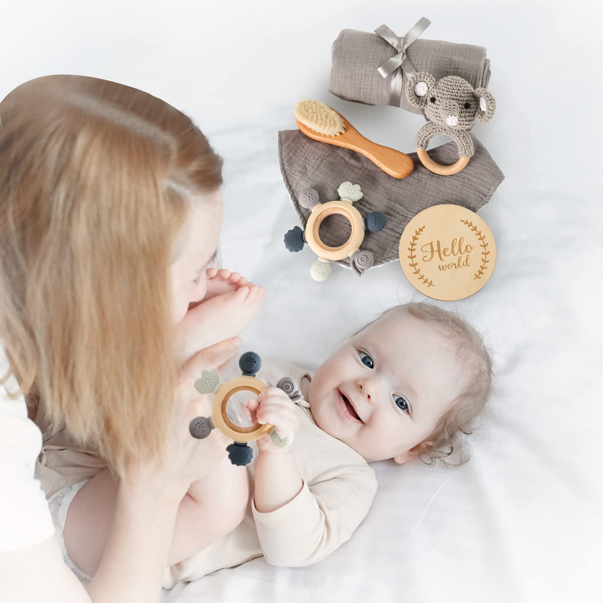 YOUUYS Baby Gift Set for Newborn - Baby Essential Bath Basket Gift Set with Baby Blanket Baby Rattle Teether Toy & Hair Brush Newborn Shower Gift for Baby Girls Boys 6PCS (Elephant)