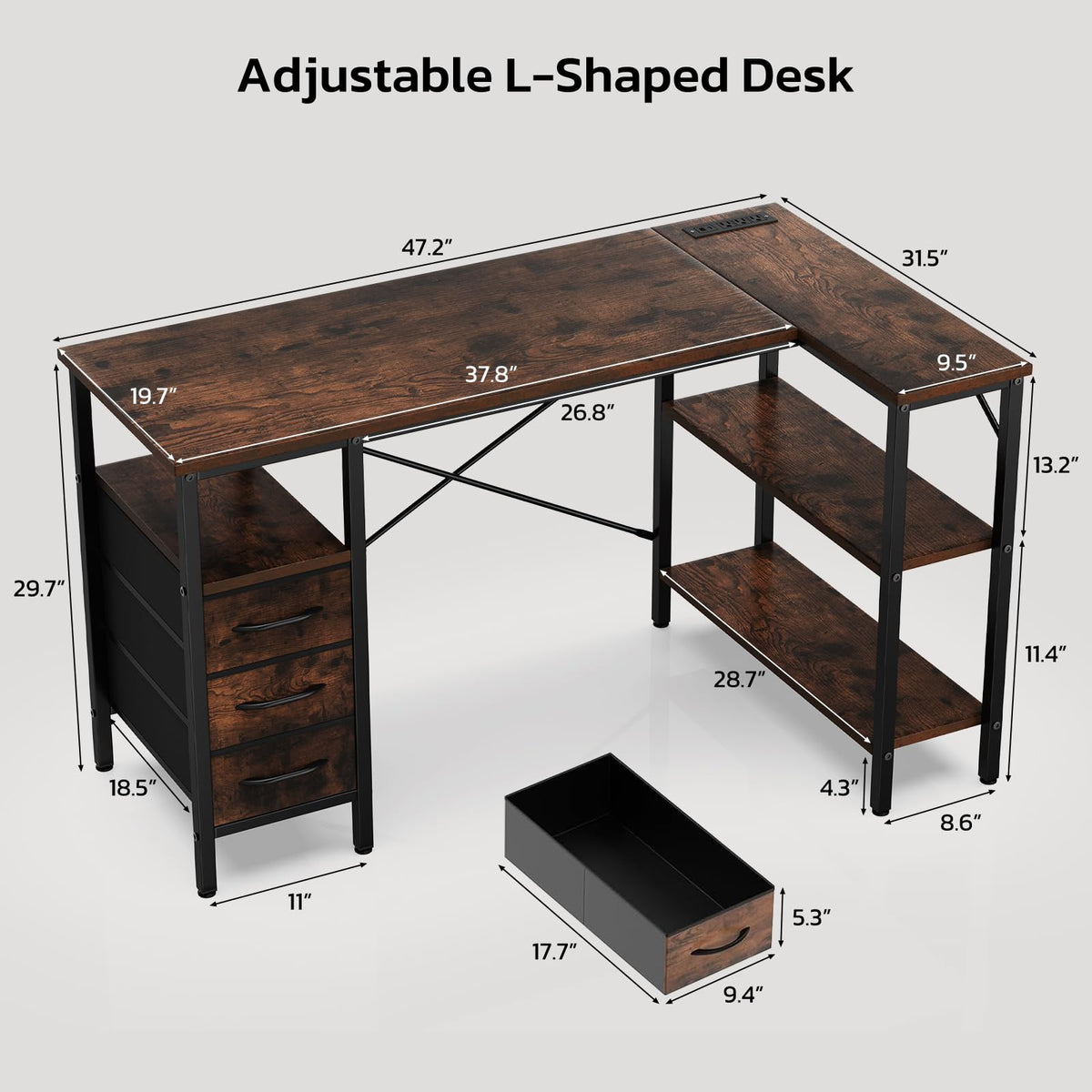 Simple Deluxe L Shaped Gaming Desk with Power Outlets, 47 Inch Computer Desk with 3 Drawers, Shelves, Corner Computer Desk for Gaming, Corner Work, Home Office, Study, Rustic Brown