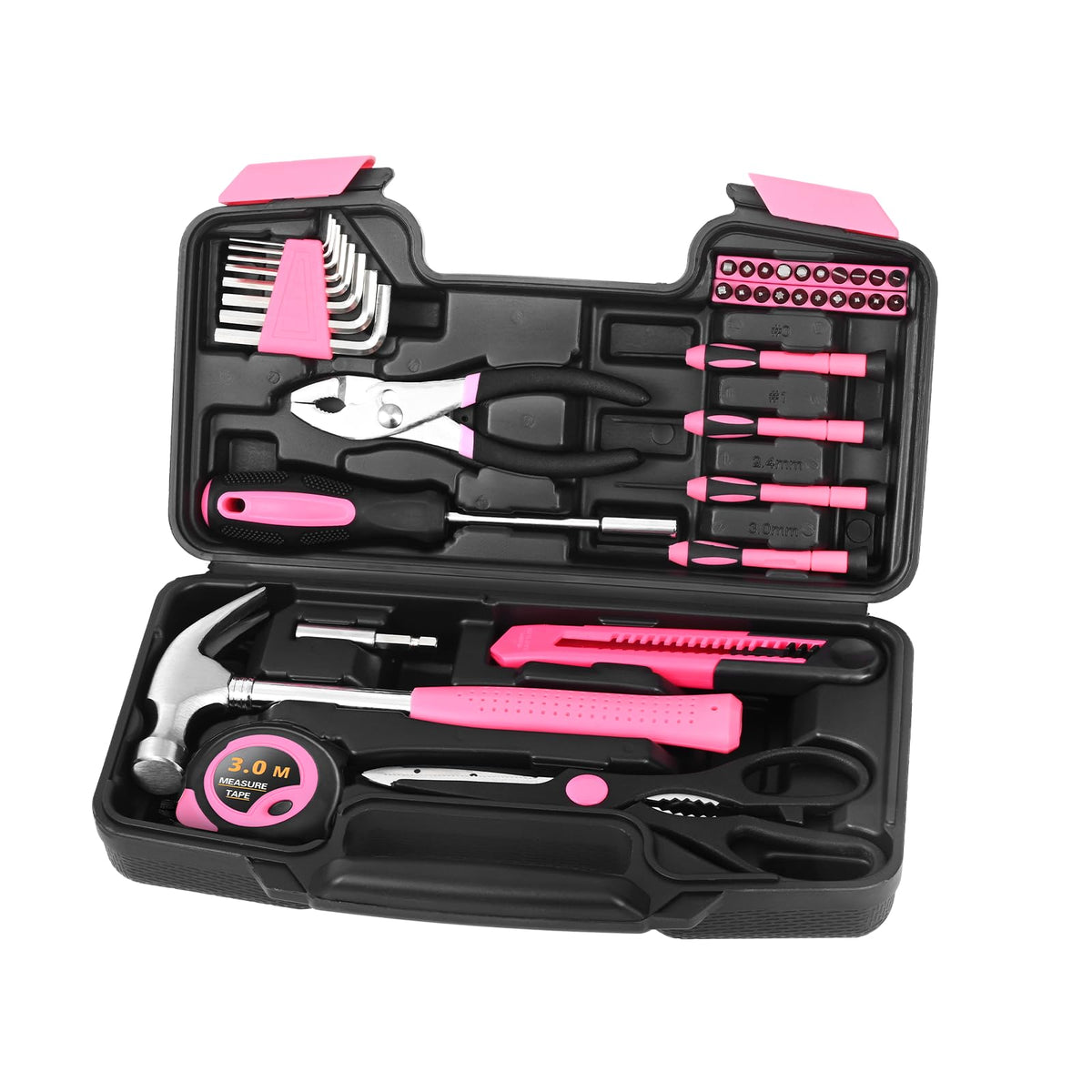 HANGYING 39 Piece Pink Tool Set for Women, All Purpose Household Hand Tool Kit with Plastic Storage Box, Small Tool kit for Home Garage Office College Dorm