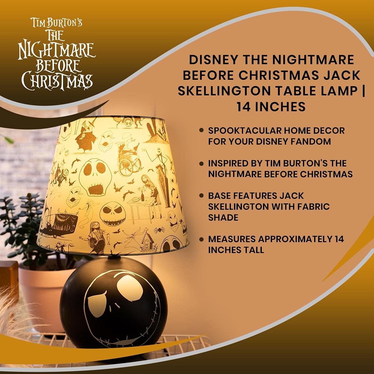 Disney The Nightmare Before Christmas Jack Skellington Table Lamp LED Light | Nightstand Desk Lamp For Bedroom, Living Room | Halloween Home Decor, Tim Burton Gifts And Collectibles | 14 Inches Tall