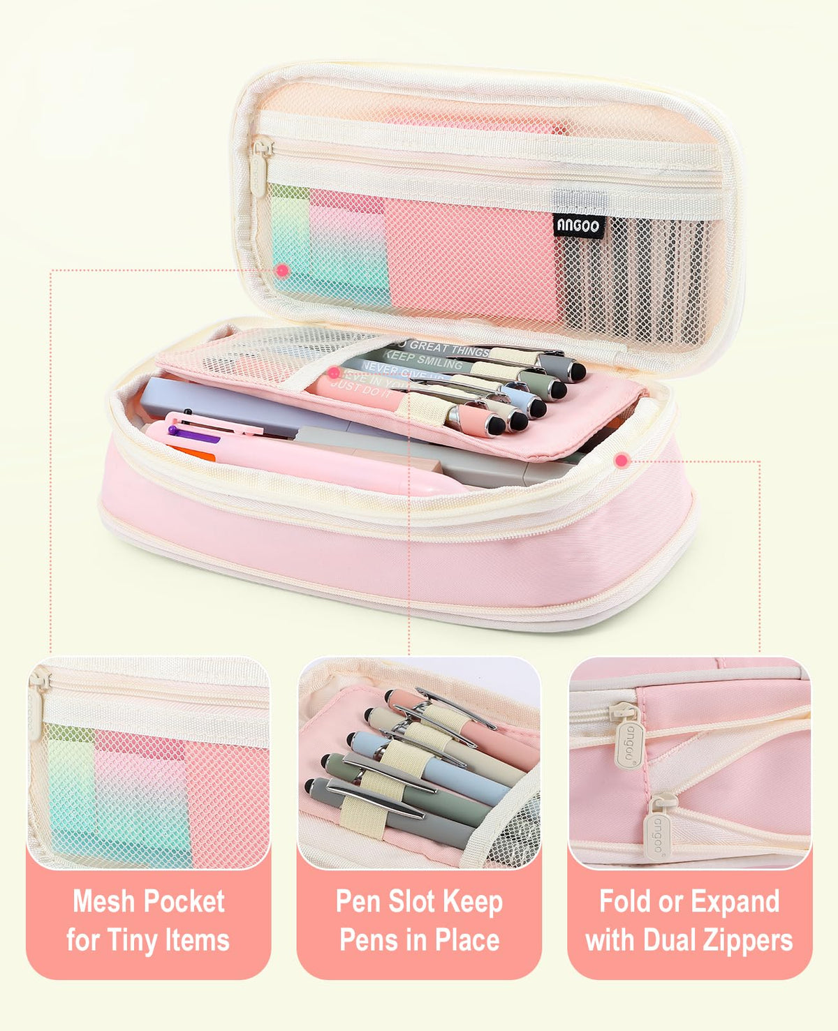 56 PCS Aesthetic School Supplies with Large Pencil Case, 5 Inspirational Ballpoint Pens, 12 Pastel Highlighters, 5 Black Ink Gel Pens, 6 Mechanical Pencils 0.5-0.7mm College Student Essentials (Pink)