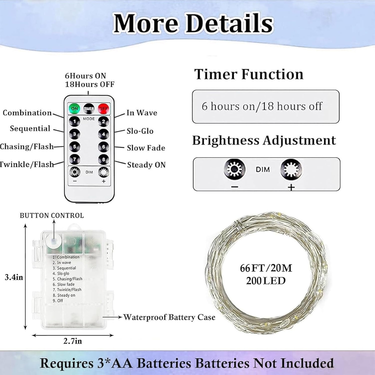 Skiennix 66FT Battery Operated Fairy Lights - 200 LED Waterproof String Lights with Remote & Timer for Indoor/Outdoor Decor | Cool White