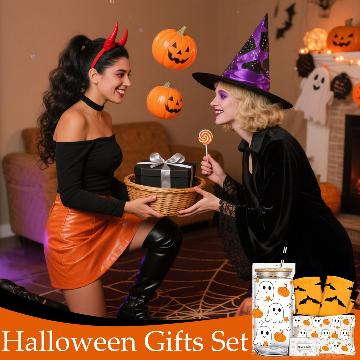 DHQH Halloween Gifts for Women, Cute Halloween Boo Birthday Gifts Set for Sister Friends Teacher, Boo Basket Stuffers with 16 oz Glass Cups