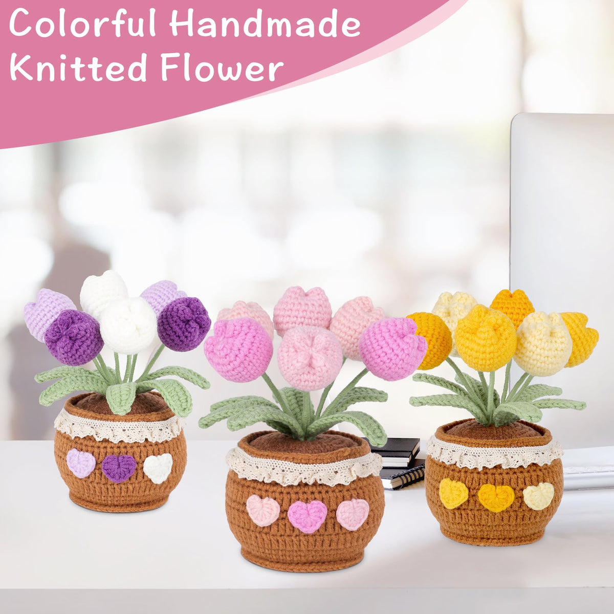 Lovmeety Handmade Potted Crochet Tulip Bouquet, Blush Pink Crocheted Tulips Hand Woven Flowers Knitted Flowers in Exquisite Pot Gift for Women Friends Kids for Home Desk Decor
