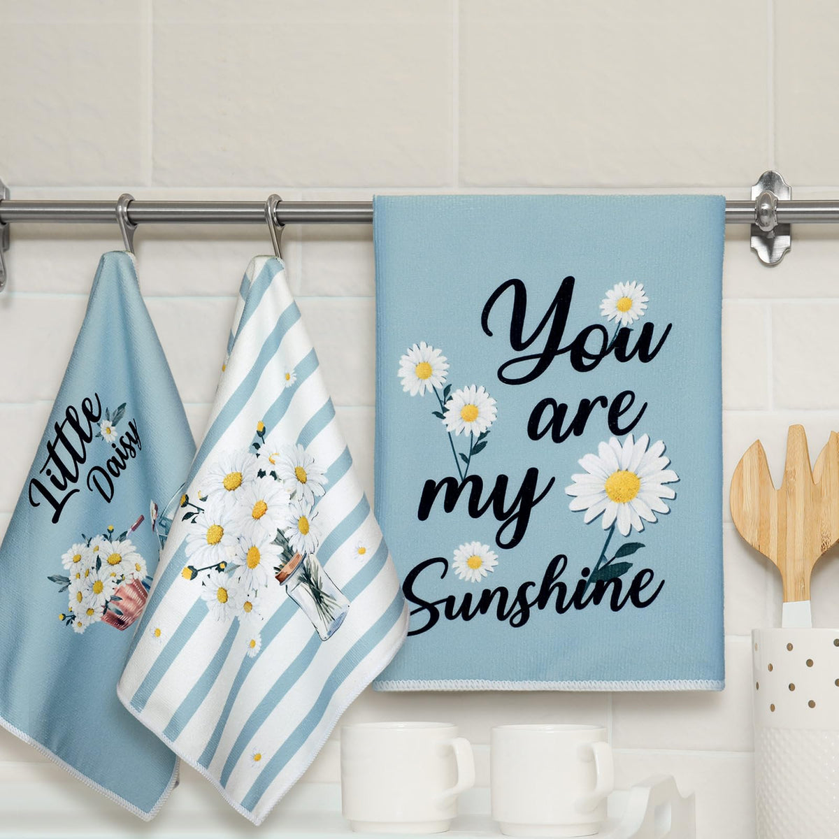 Boyiee Set of 6 Daisy Flower Kitchen Towels Daisy Stripes Tea Towels Floral Absorbent Dishtowels 24 x 16 Inches Housewarming Gifts Blue Hand Wash Cloth for Farmhouse Kitchen Bathroom Decorations