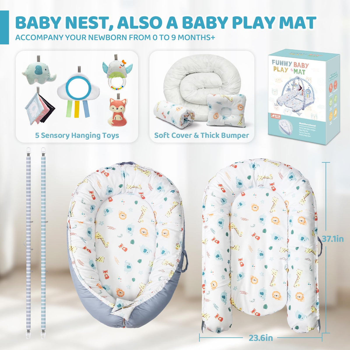 Baby Play Mat, 7-in-1 Infant Gym Mat for Sensory and Motor Development, Washable & Portable Newborn Tummy Time Activity Mat for Home & Travel, Babies Gift for 0-3-6-9-12-18 Months