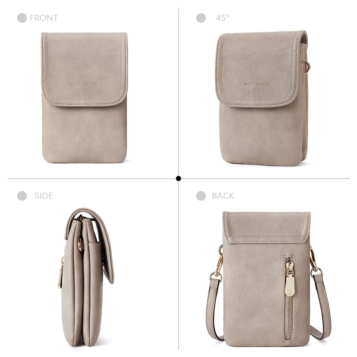 BOSTANTEN Vegan Leather Small Crossbody Bags for Women Designer Cell Phone Bag Wallet Purses Adjustable Strap Retro Grey