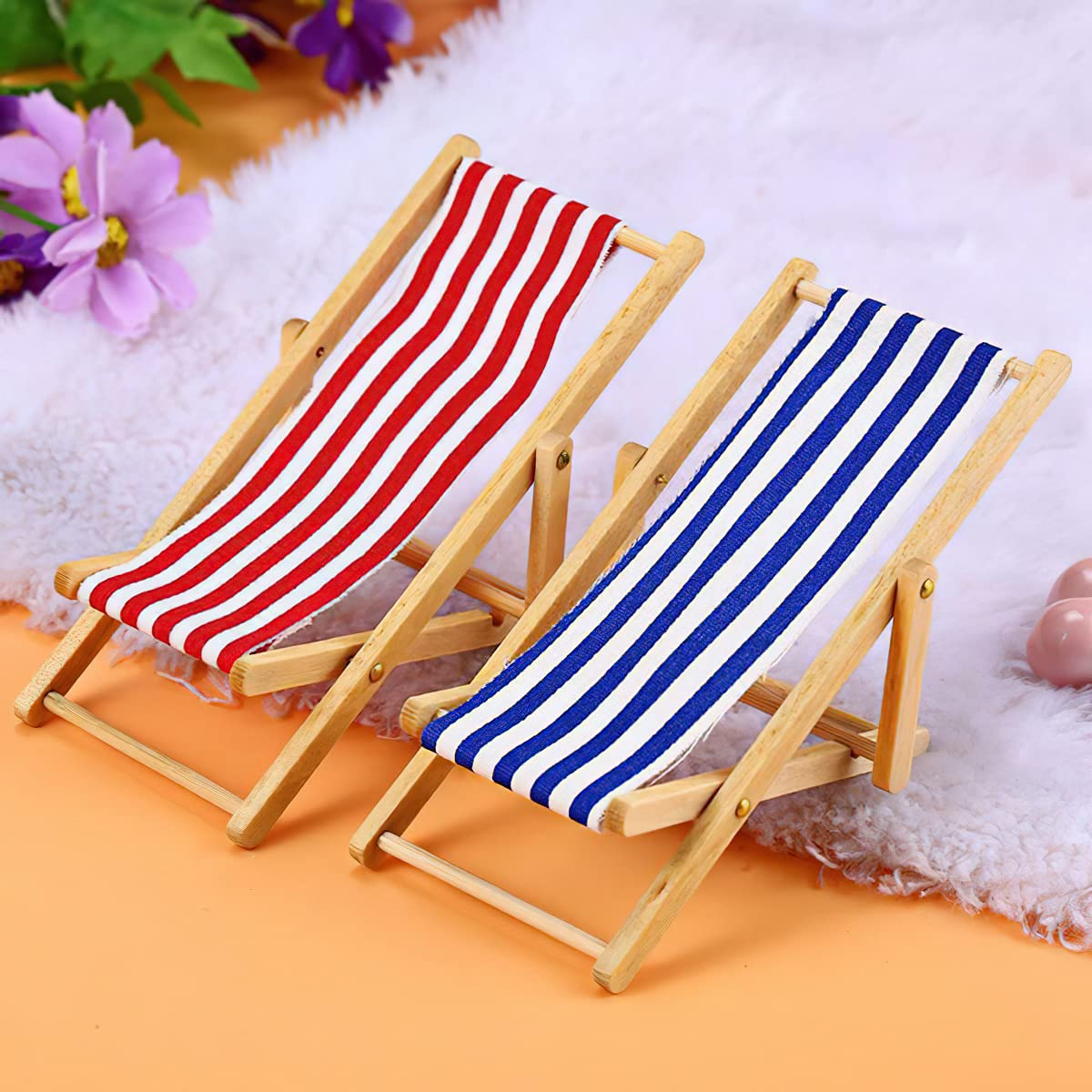 Dollhouse Miniature Furniture Accessories Foldable Wooden Beach Chair Mini Longue Deck Chair Doll House Ornament Kits for DIY Fairy Garden Dollhouse Decoration - Pack of 4