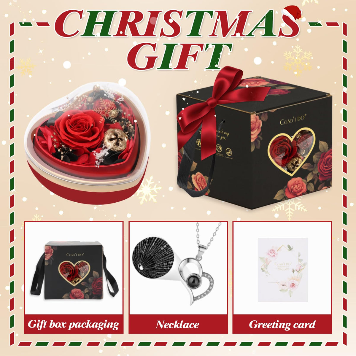 Casaido Preserved Real Rose with I Love You Necklace in Heart Box, Mothers Day Rose Gift for Her, Red Eternal Flower Christmas Valentines Day Birthday Gifts for Women Mom Wife Girlfriend Grandma
