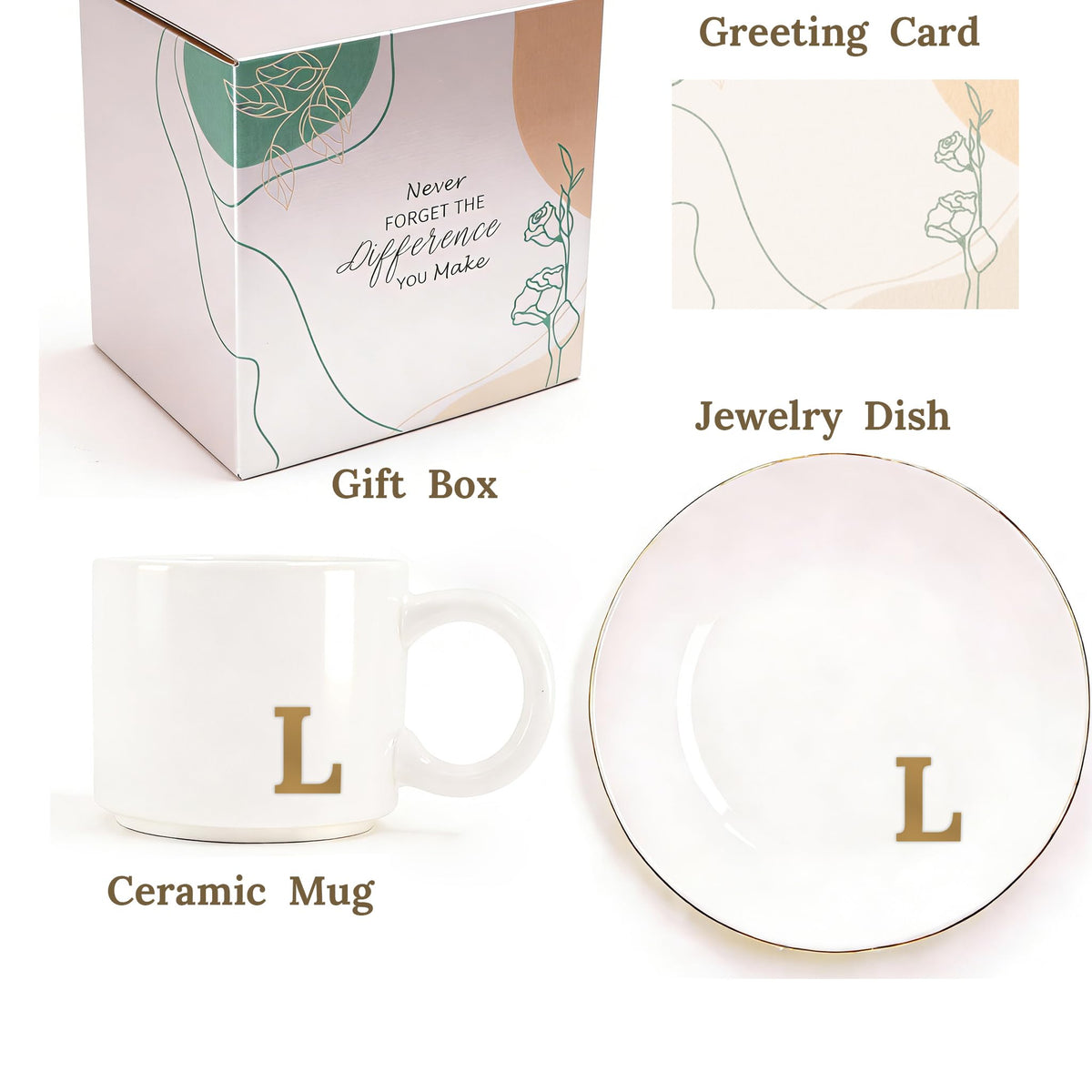 RainVibe Elegant Gift Set for Women – Personalized Monogram Ceramic Mug & Jewelry Tray – 12 oz Gold-Initial Coffee Cup with Gift Box, 4.75" Decorative Dish for Rings, Earrings, Keys (Letter L)
