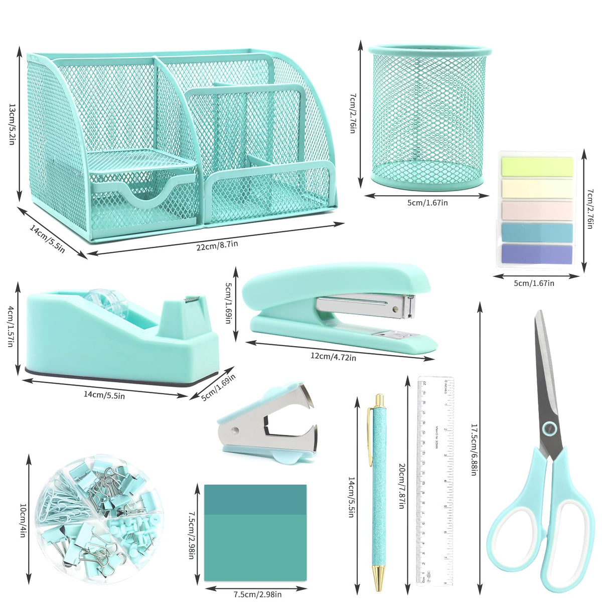 12 in 1 Green Desk Organizers & Accessories Set, Office Supplies Include Stapler, Pen Holder, Tape Holder, Scissors, Ruler, Staple Remover for Home & School