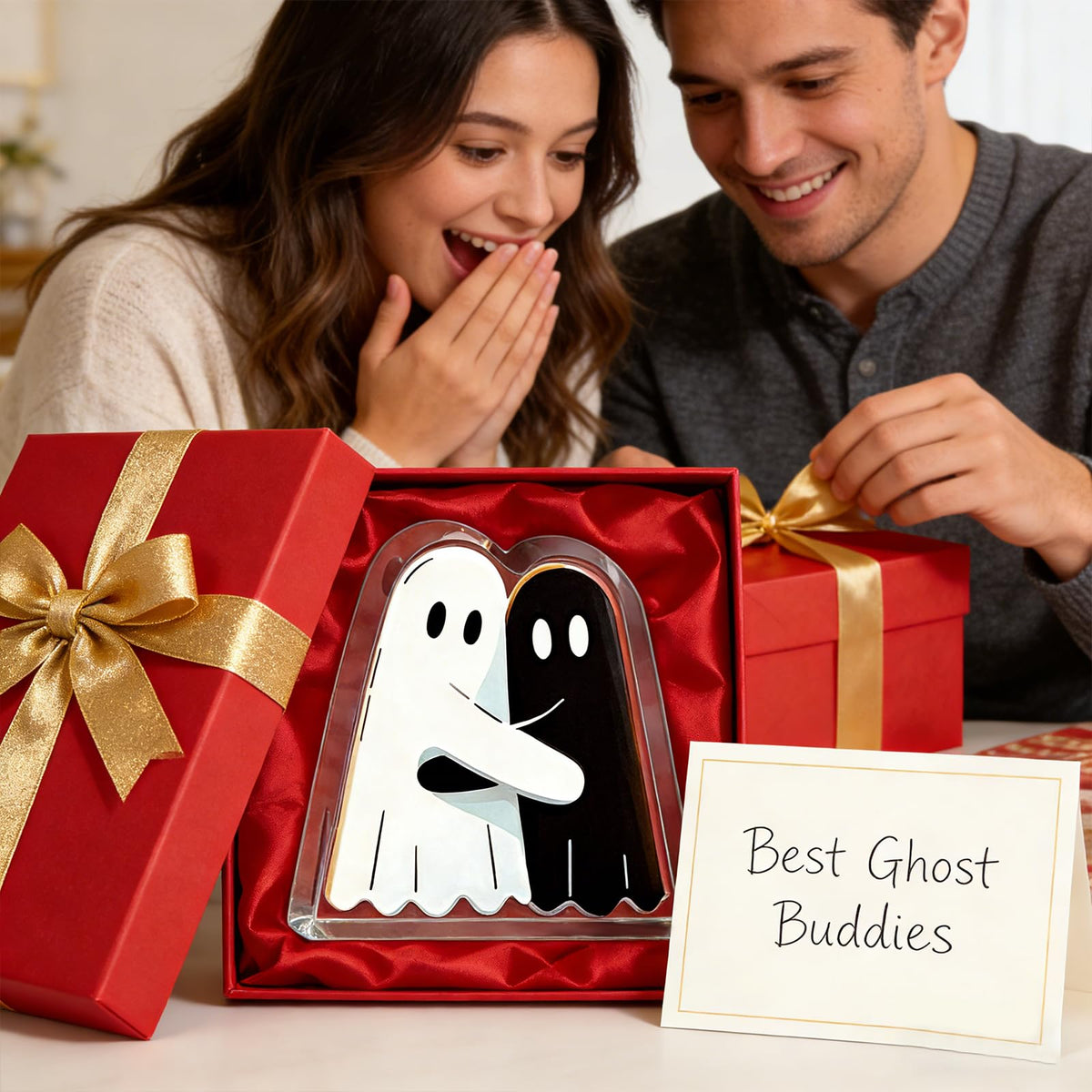 Hugging Ghost Decorative Sign Acrylic Cute Plaque Desk Decor Halloween Gifts For Women Kids Men Adult Friends Coworker Birthday Christmas Gifts Black White Design Goth Accessories