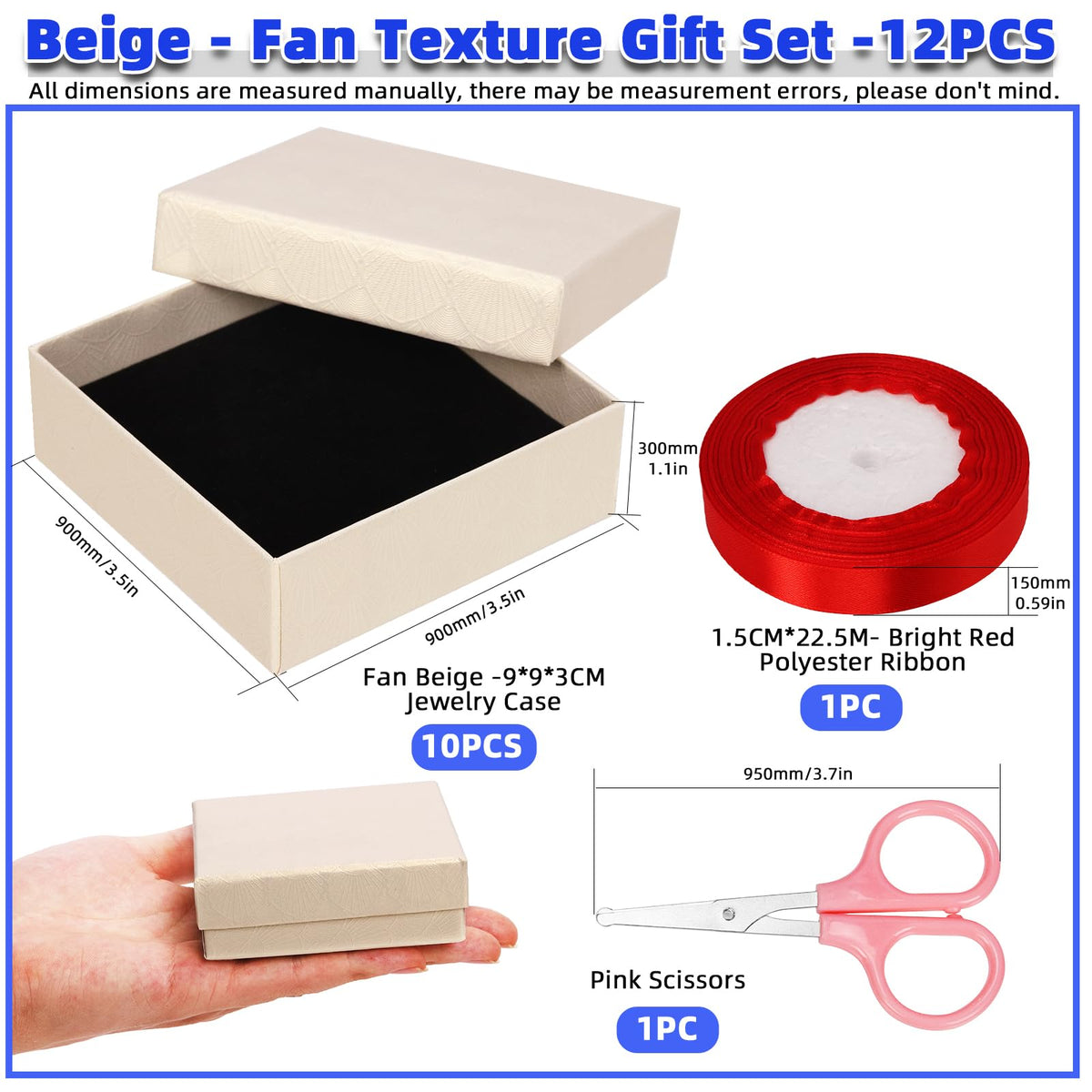 Glarks 12Pcs 3.5x3.5x1 Inch Beige Cardboard Paper Jewelry Gift Boxes with Scissors and Ribbon Set, Bracelets Bangle Necklace Earring Gift Case for Birthday Wedding Jewelry Storage Packaging Display