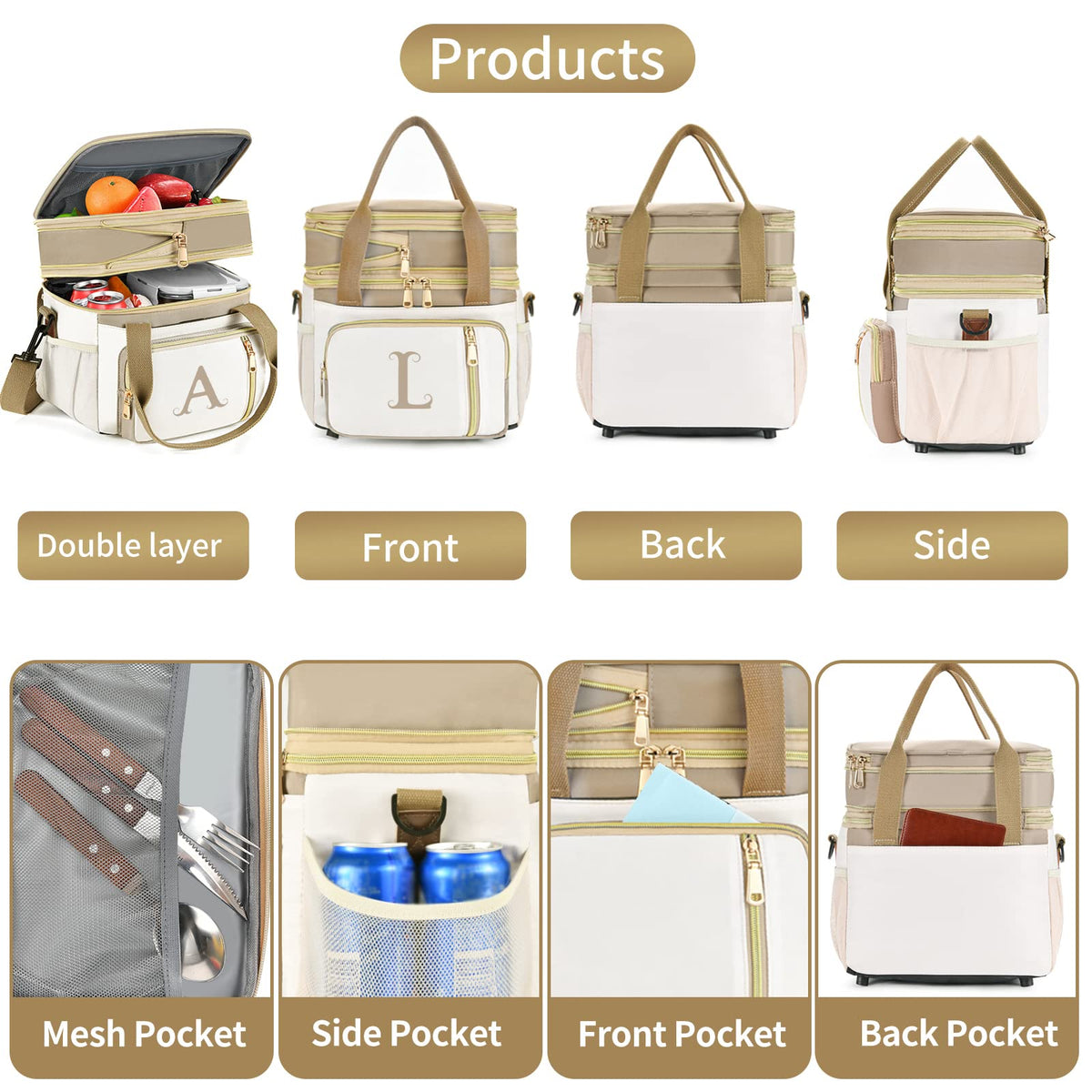 LOKASS Personalized Initial Lunch Bag for Women, 16L Large Insulated Adult Lunch Box Leakproof LunchBox, Mother's Day Lunch Bag with Strap Gifts for Wife, Mom & Friends for Work, Picnic, Travel C