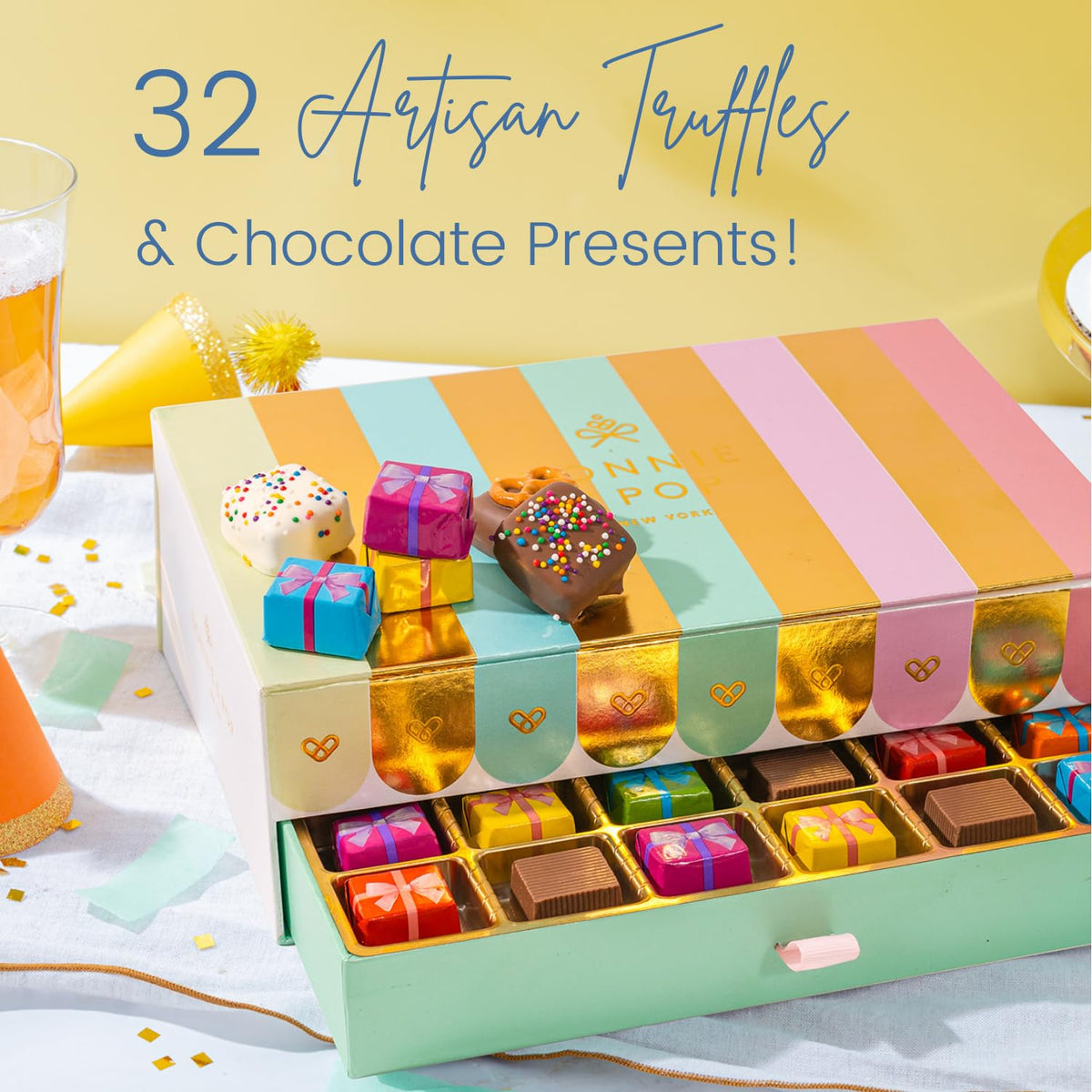 Birthday Gift Basket, Gourmet Candy Food Snack Box, Bday Him & Her, Men, Women, Family Party, Two-Tier Chocolate Gift Box with Assorted Belgian Truffles, 10+ Flavors, Bonnie and Pop (Birthday)