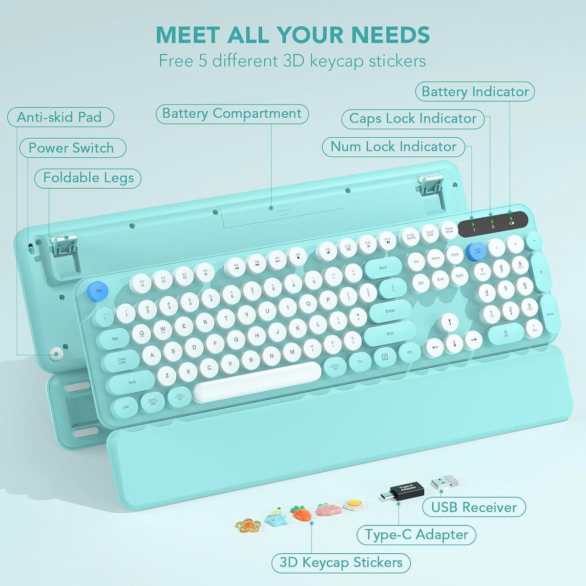 SABLUTE 2.4GHz Wireless Keyboard, Round Keycaps, Retro Typewriter Keyboard with Detachable Wrist Rest, Sleep Mode