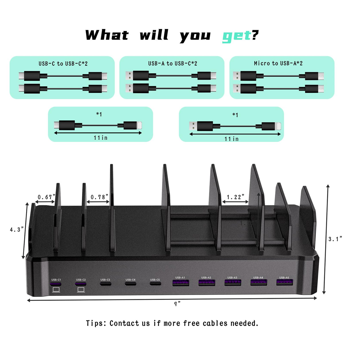 420W Charging Station for Multiple Devices, Zobirez 10-Port USB C Fast Charger Stations for MacBook, iPhone, Android Cell Phone, iPad, Tablet, Family Multi-Device Organizer Charging Dock, Black