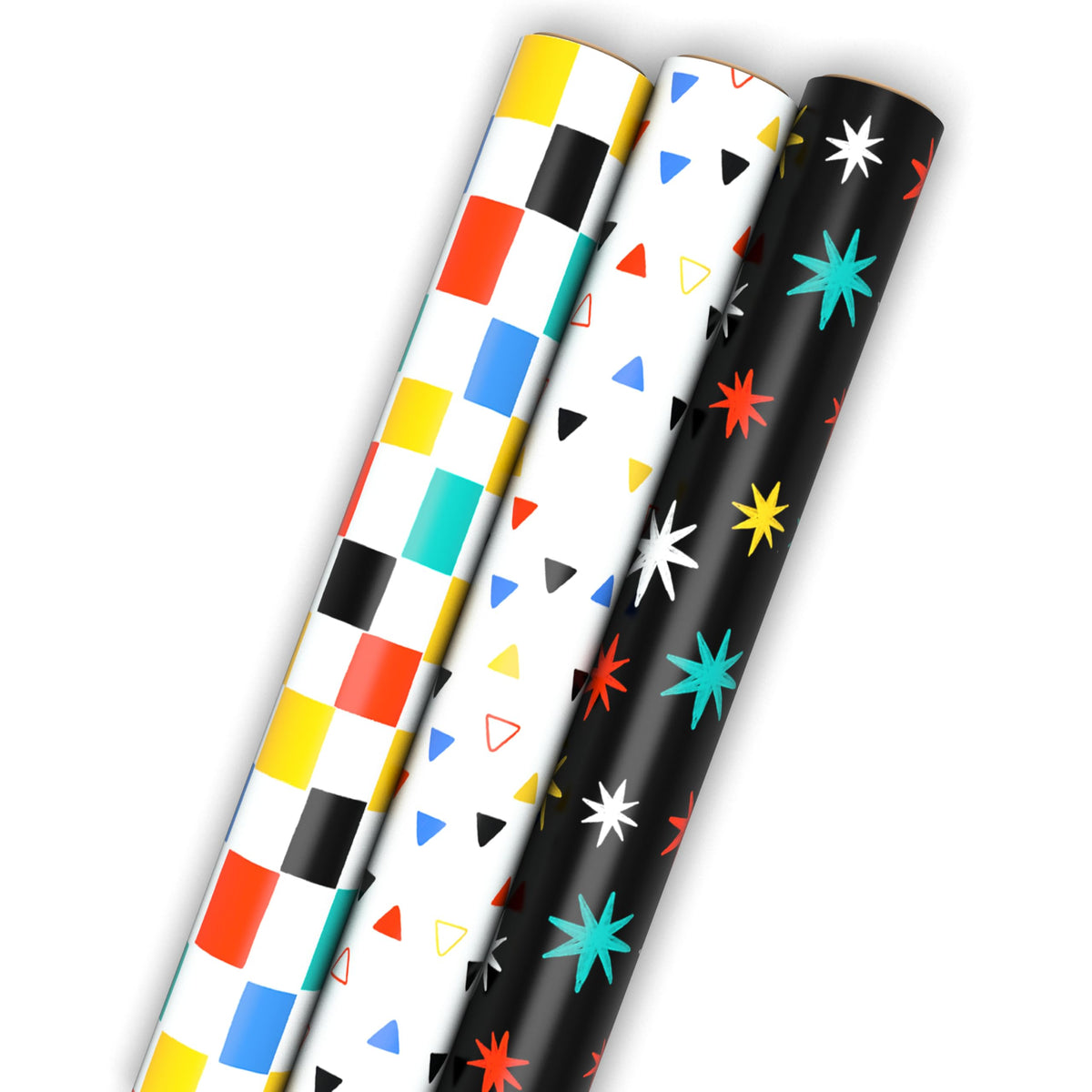 Hallmark Wrapping Paper Mini Rolls, 3-Pack (Checkered, Triangles, Starbursts) for Birthdays, Graduations, Mother's Day, Father's Day, Any Occasion - 45 Sq. Ft. Total