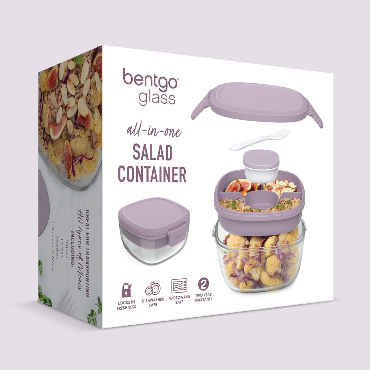 Bentgo Glass Salad Container - 7.6-Cup Salad Bowl with Airtight Lid, Leak-Proof Sauce Container, 4-Compartment Bento Tray & Reusable Fork - BPA-Free for Meal Prep, Office & More (Lavender)