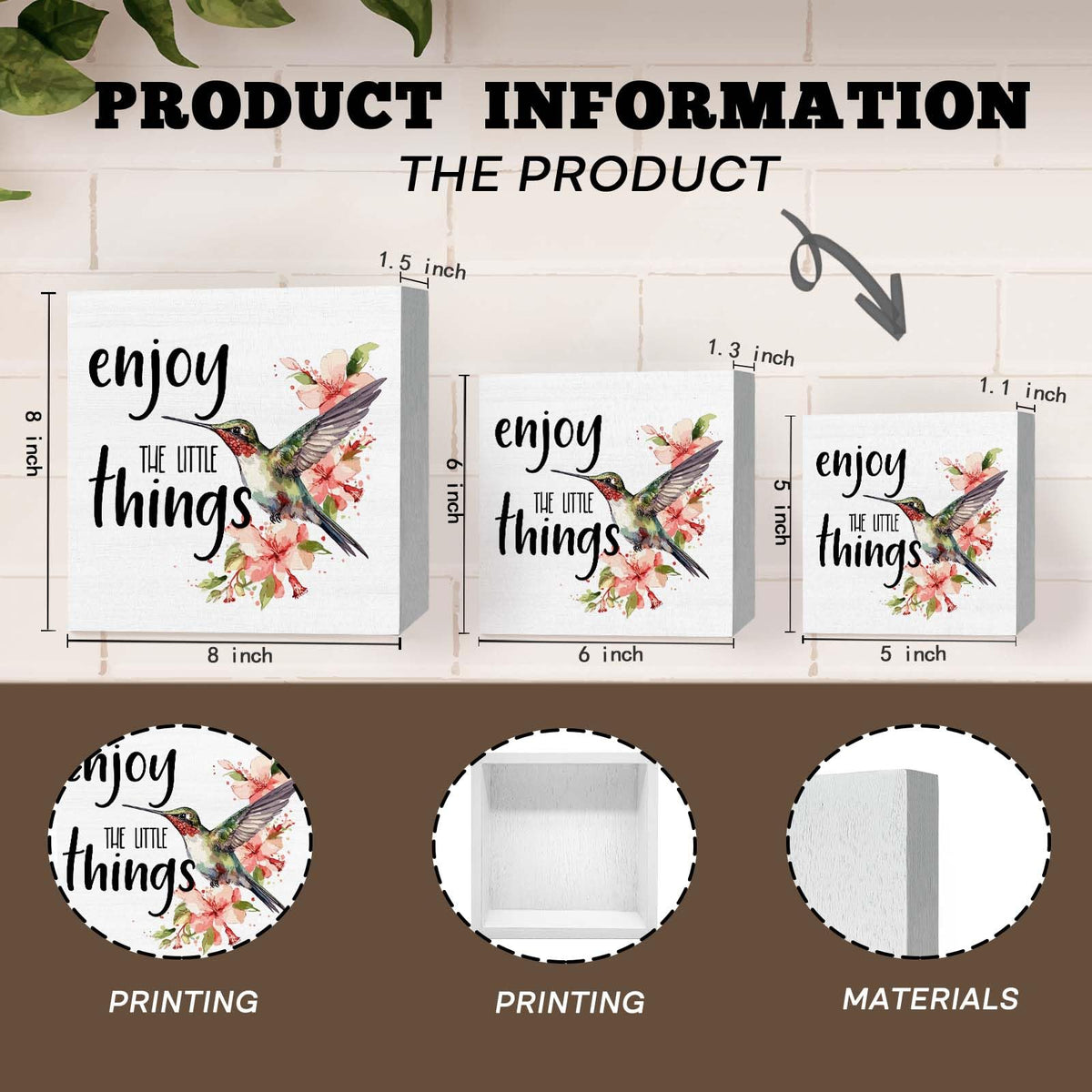 GWOKPAAI Hummingbird Inspirational Wooden Box Signs Desk Decor, Hummingbirds Gifts for Women,Enjoy the Little Things Motivational Wooden Signs Desk Decorations for Home Bedroom Tabletop Shelf,5x5in