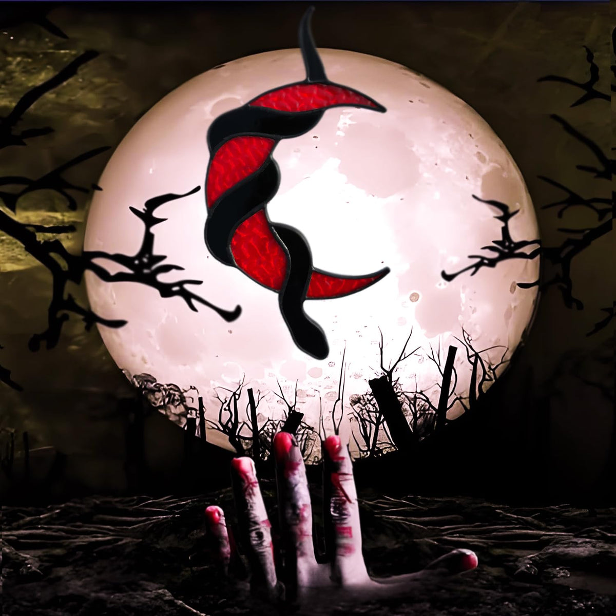 Stained Glass Window Hanging, Moon and Snake, Gothic Decorative Art, Halloween Decorative Gifts