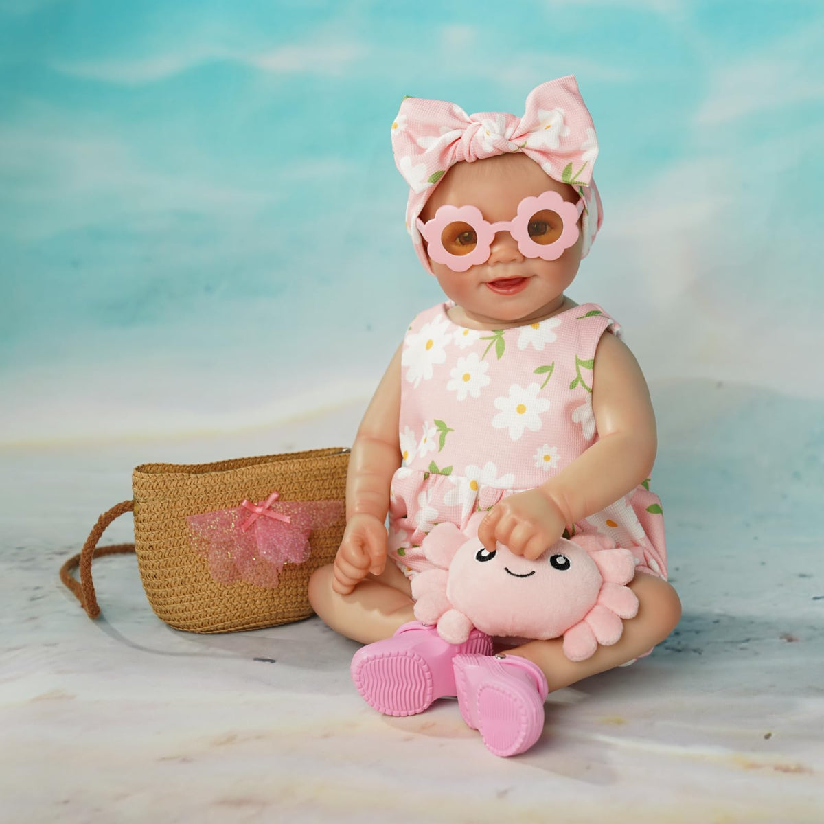 BABESIDE 16-20 Inch Reborn Baby Doll Clothes Set with 16 Inch Doll Shoes for Reborn Dolls, Summer Floral Babydoll Clothes with Bag Headband for Realistic Baby Dolls Accessories, Pink
