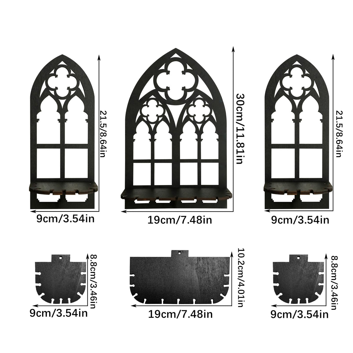 Artilady Crystal Display Shelf - 3 PCS Cute Window Shaped Floating Shelves for Wall Bedroom, Black Witchy Room Decor, Gothic Halloween Wall Decor for Home