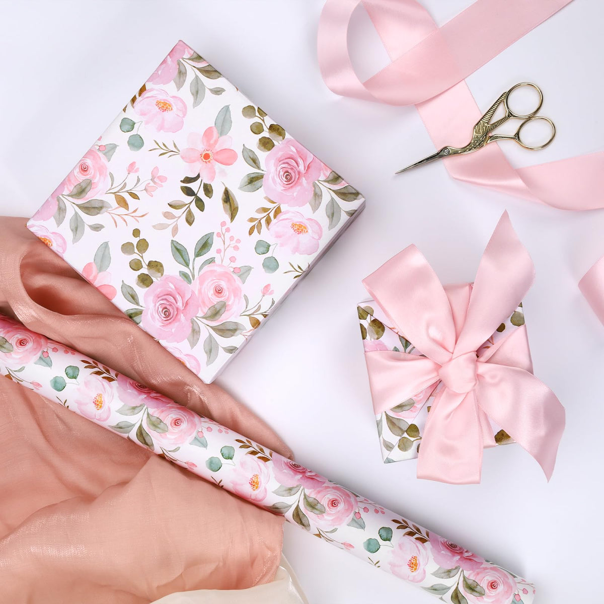 BIOBROWN Reversible Floral Wrapping Paper Roll - 17 Inches X 33 Feet (47 sq. ft. ttl.) Pink Watercolor Roses Design Flower Gift Wrap for Mother's Day, Wedding, Bridal Shower, Valentine's Day